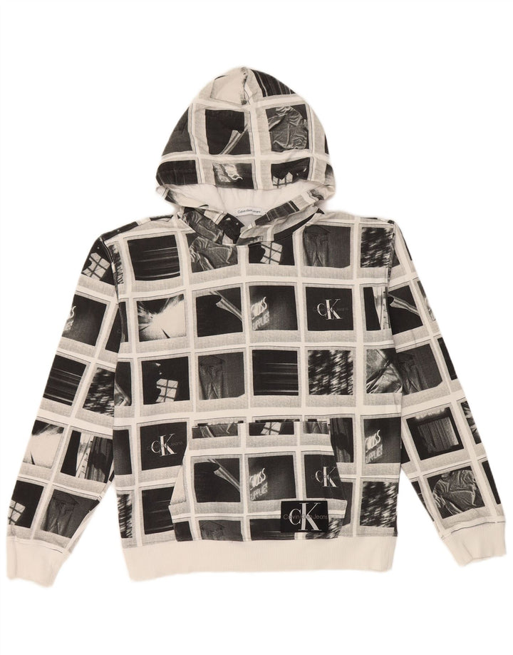Chłopięcy sweter z kapturem i grafiką Calvin Klein Jeans, 13-14 lat, szary patchwork