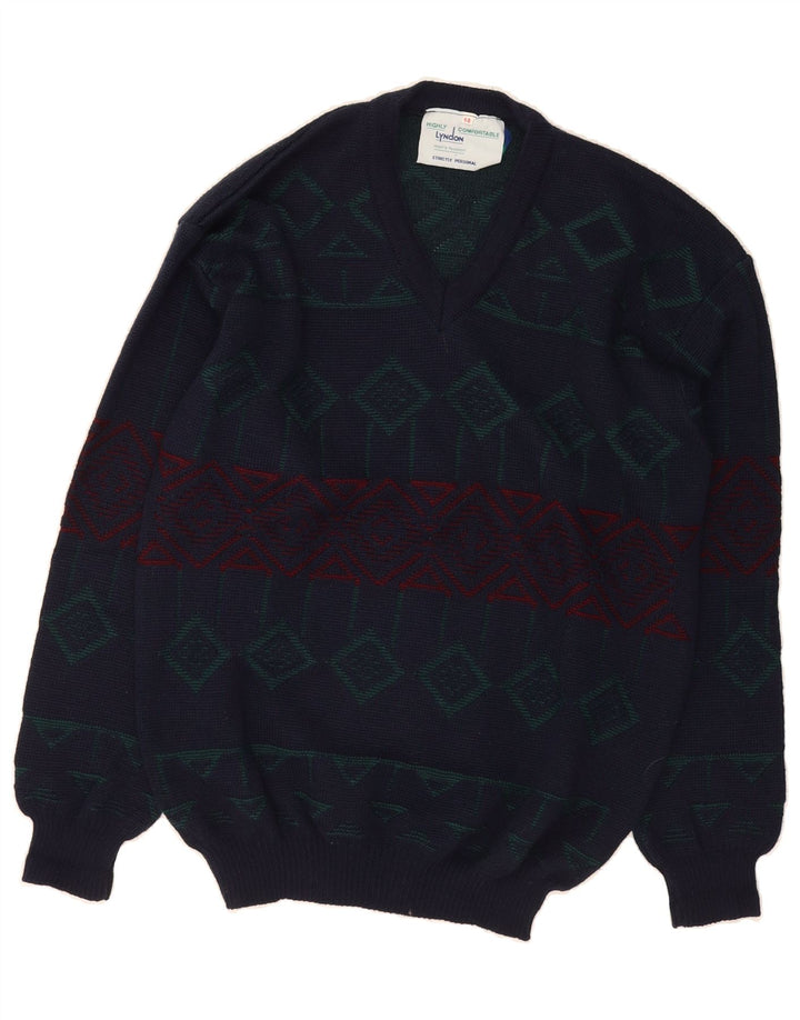 VINTAGE Mens V-Neck Jumper Sweater IT 48 Medium Navy Blue Geometric Vintage Vintage and Second-Hand Vintage from Messina Hembry 