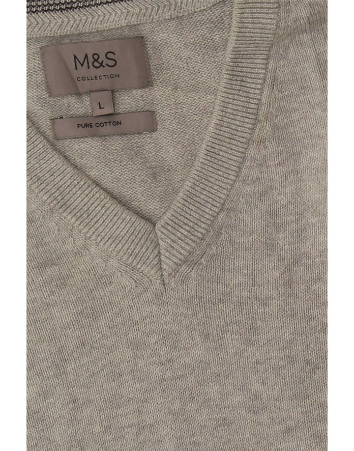 Marks & Spencer Męski sweter z dekoltem w kształcie litery V, duży, szary, bawełniany
