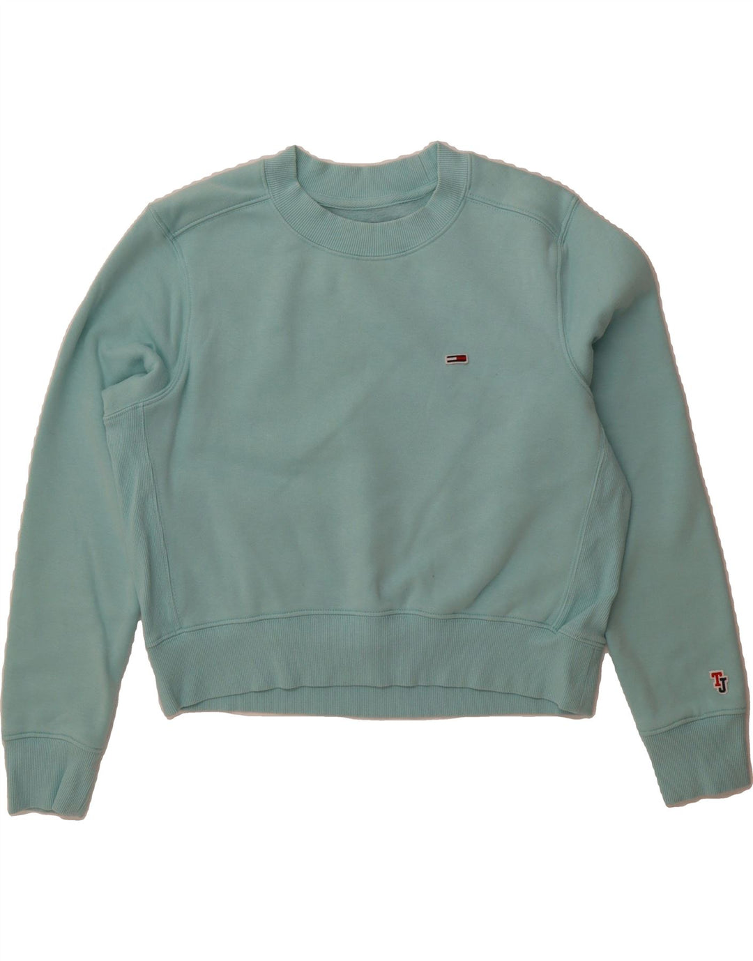 TOMMY HILFIGER Womens Oversized Crop Sweatshirt Jumper UK 10 Small Blue Vintage Tommy Hilfiger and Second-Hand Tommy Hilfiger from Messina Hembry 