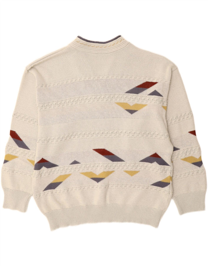Vintage męski sweter z dekoltem w kształcie litery V, XL, biały, geometryczny