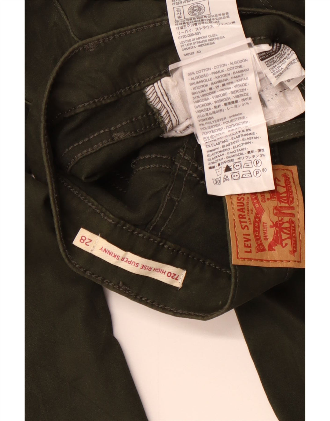 Damskie, bardzo obcisłe spodnie codzienne LEVI'S 720 z wysokim stanem W28 L30 Khaki