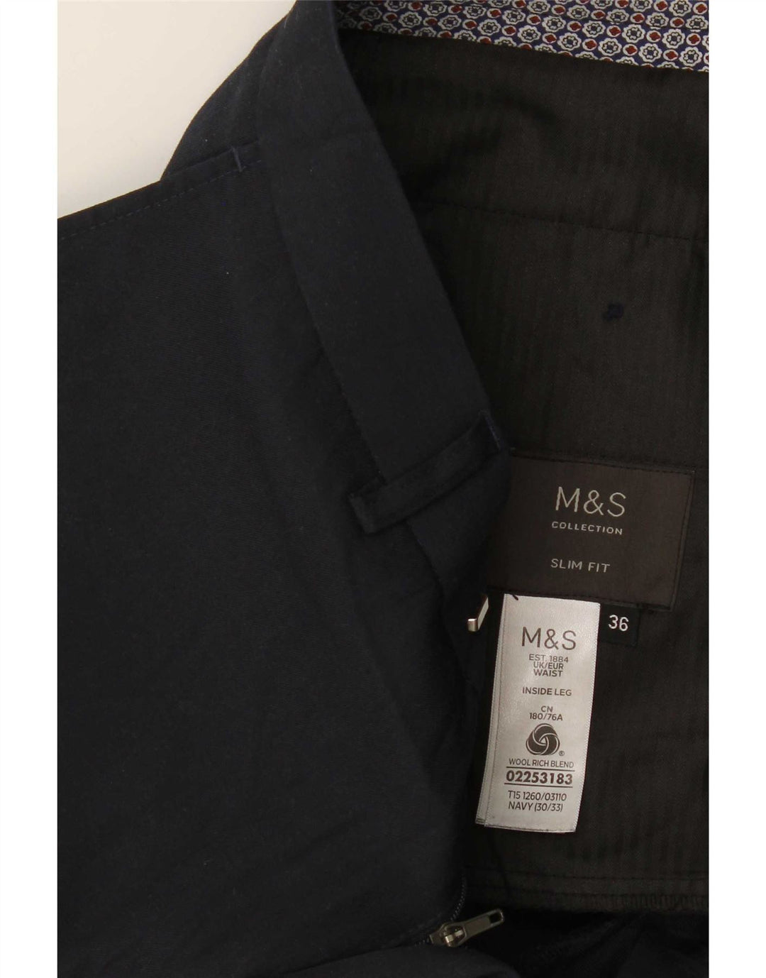 Marks & Spencer Męskie spodnie garniturowe slim fit W36 L31 Granatowo-wełniane