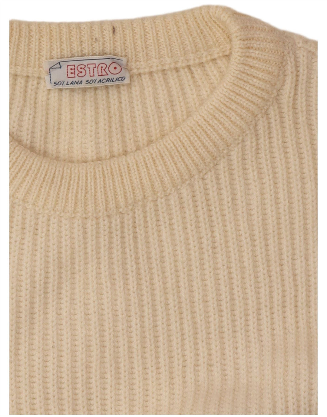Vintage męski sweter z okrągłym dekoltem, duża beżowa wełna z blokami kolorów