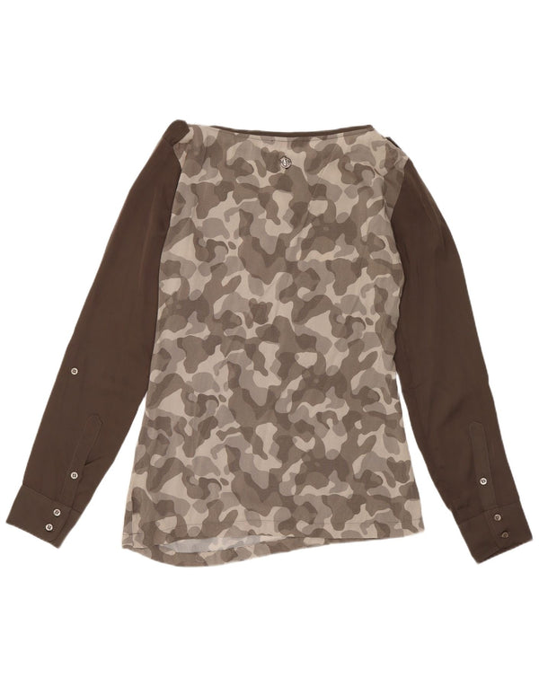 Trussardi Jeans Womens Long Sleeve Blouse Top UK 10 Small Grey Camouflage