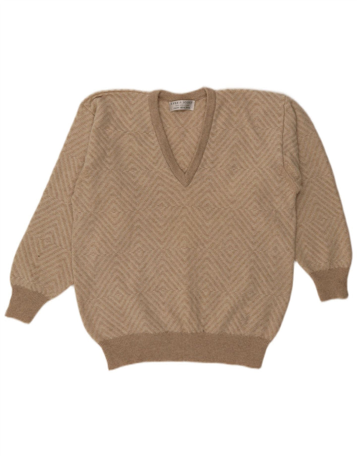 Lyle & Scott Męski sweter z dekoltem w kształcie litery V, XL, beżowa, geometryczna wełna