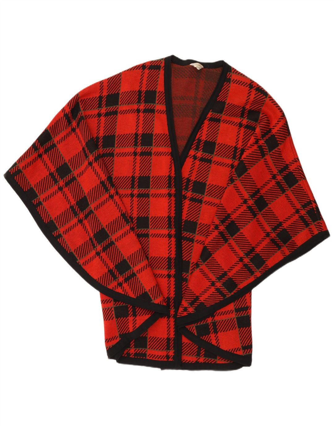 Vintage damski sweter rozpinany z peleryną, jeden rozmiar, czerwona wełna w kratkę