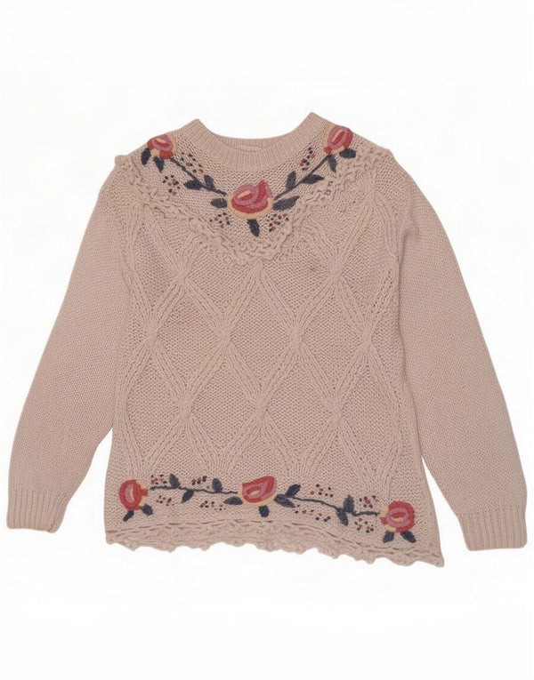 Vintage damski sweter z okrągłym dekoltem UK 14 średni biały kwiatowy ramie