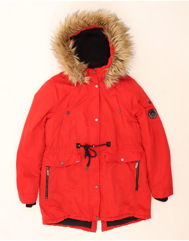 Damska kurtka parka z kapturem Superdry UK 14, duża, czerwona, poliester