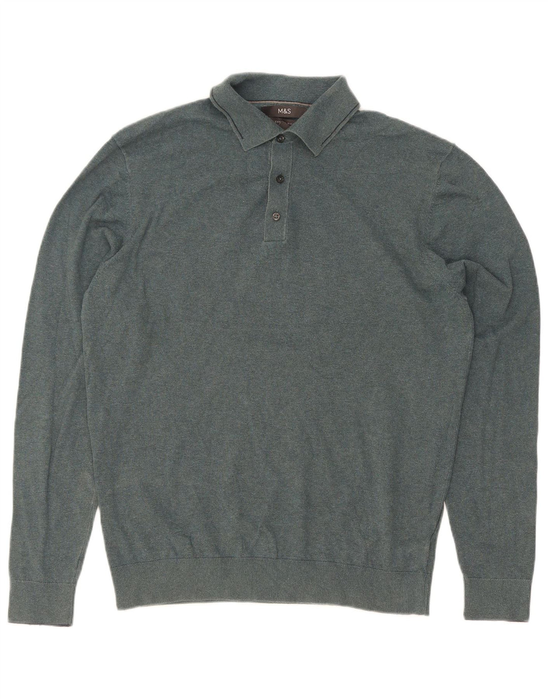 Marks & Spencer Męski sweter polo z dekoltem w kolorze średniej zieleni, bawełniany