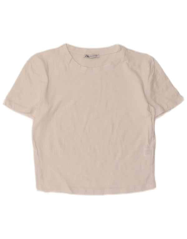 Damski krótki t-shirt Zara UK 14, duży, biały, bawełniany