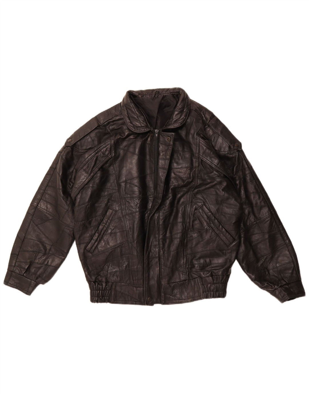 Męska skórzana kurtka wojskowa VINTAGE o luźnym kroju UK 36, mała czarna patchworkowa