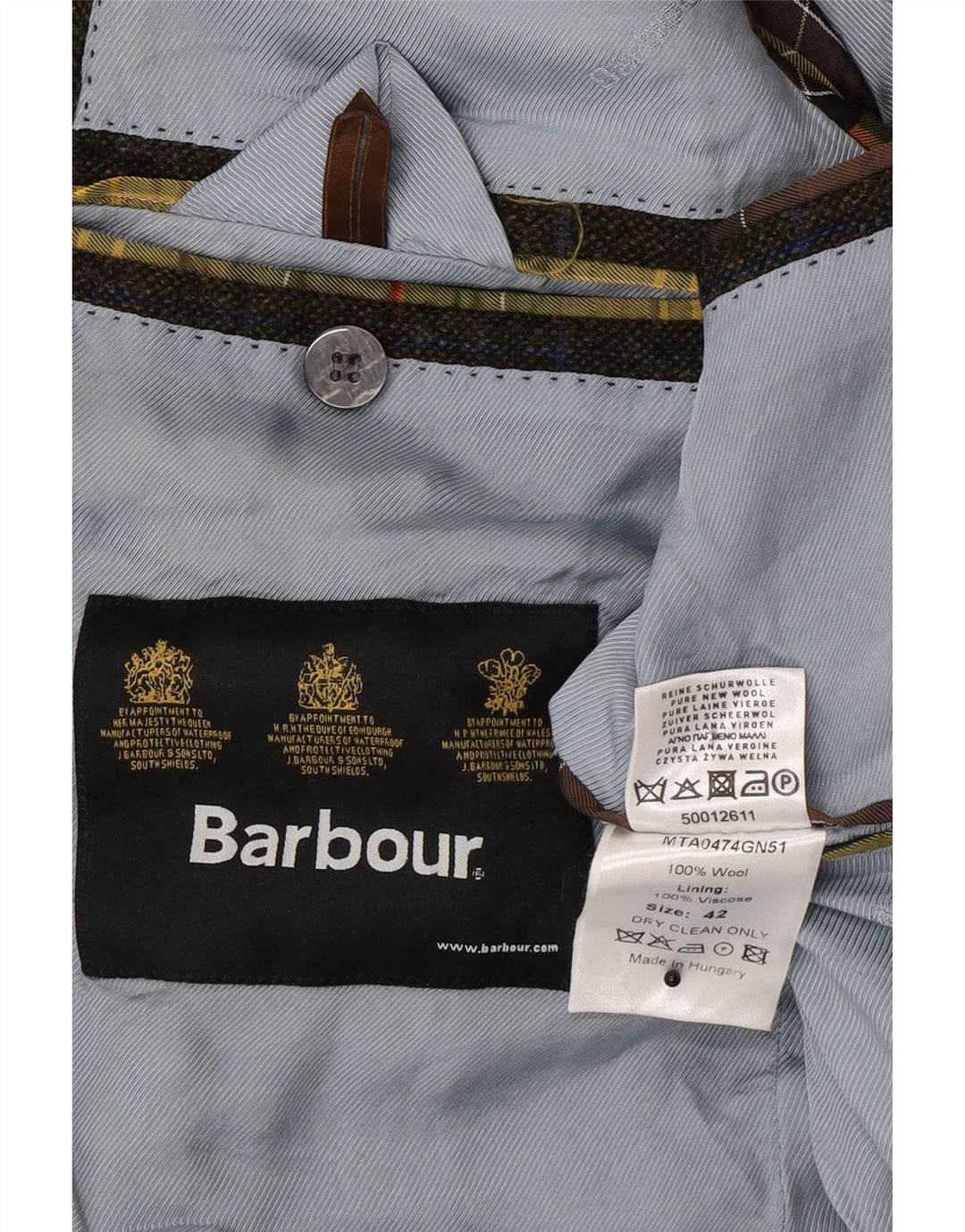 Męska marynarka Barbour zapinana na 2 guziki UK 42, duża wełniana krata khaki