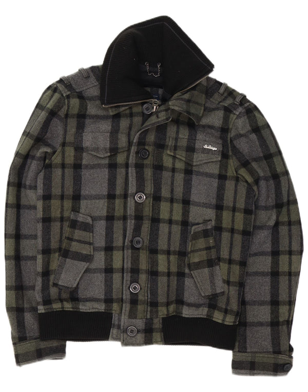 Męska kurtka bomber w stylu vintage UK 40, duża, szara wełna w kratkę
