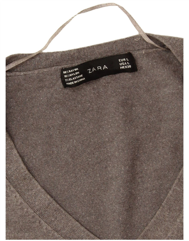 Sweter damski Zara z dekoltem w kształcie litery V, UK 16, duży, szary, sztuczny jedwab