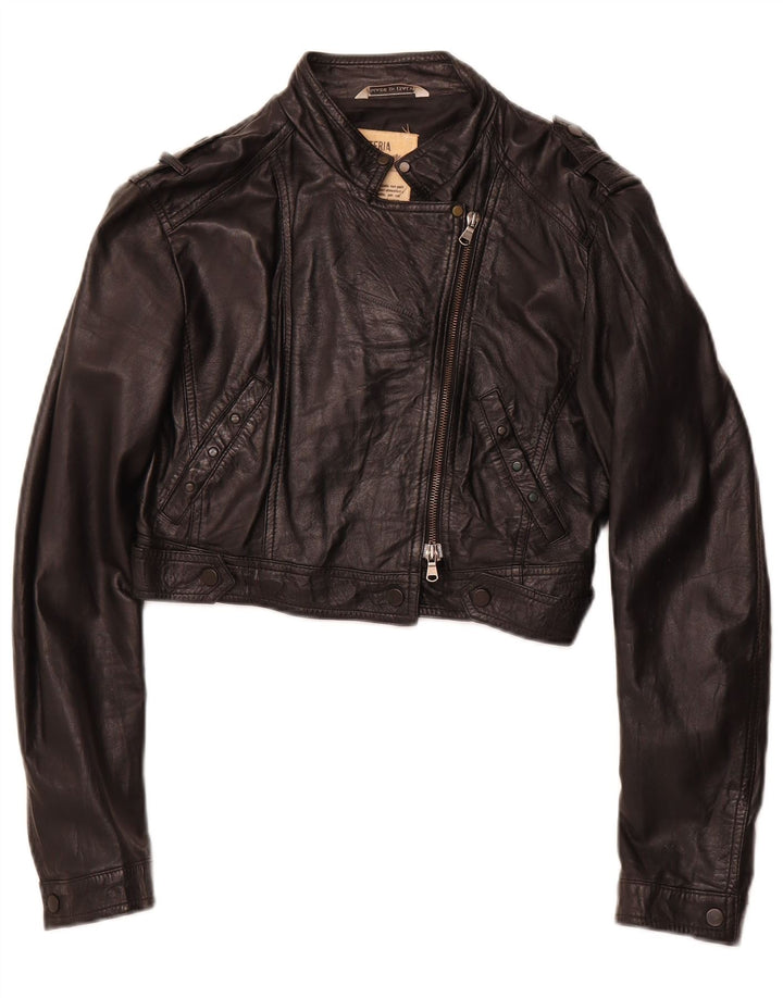 BAYSIDE Womens Crop Leather Biker Jacket IT 44 Medium Black Leather
