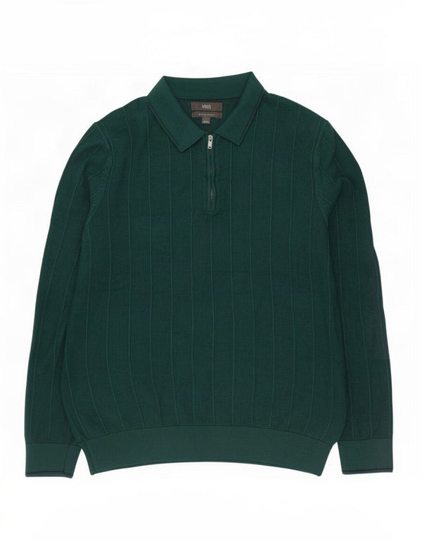 Marks & Spencer Męski sweter polo, duży, zielony, bawełniany