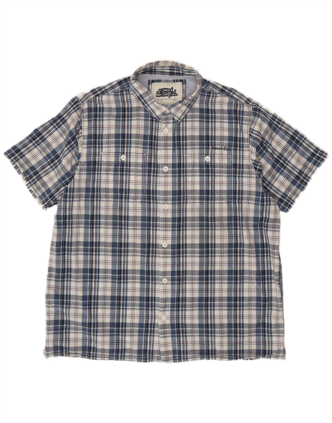 Męska koszula z krótkim rękawem WEIRD FISH, 2XL, bawełniana niebieska kratka