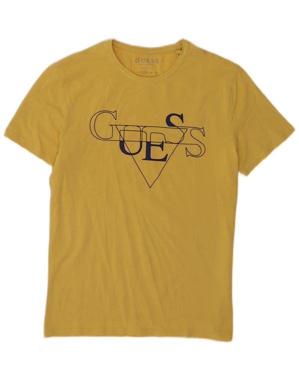 Męski T-shirt Guess Slim Fit z grafiką, duży, żółty, bawełniany