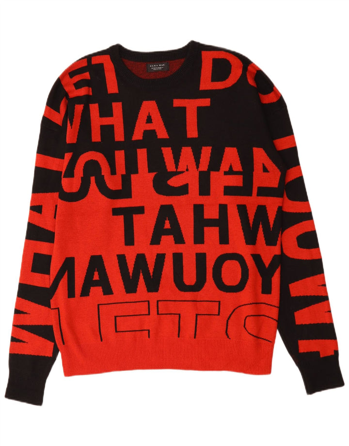 Męski sweter Zara z graficznym wycięciem pod szyją, nylon w kolorze średniej czerwieni