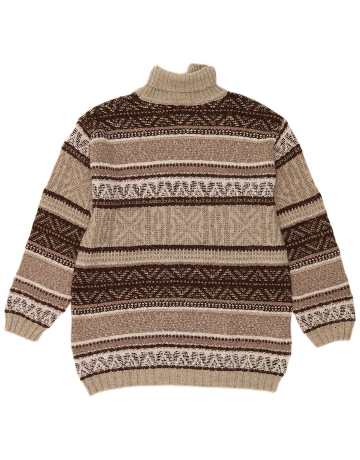 Vintage męski sweter z wywijanym dekoltem, średniobrązowy, geometryczny wełniany