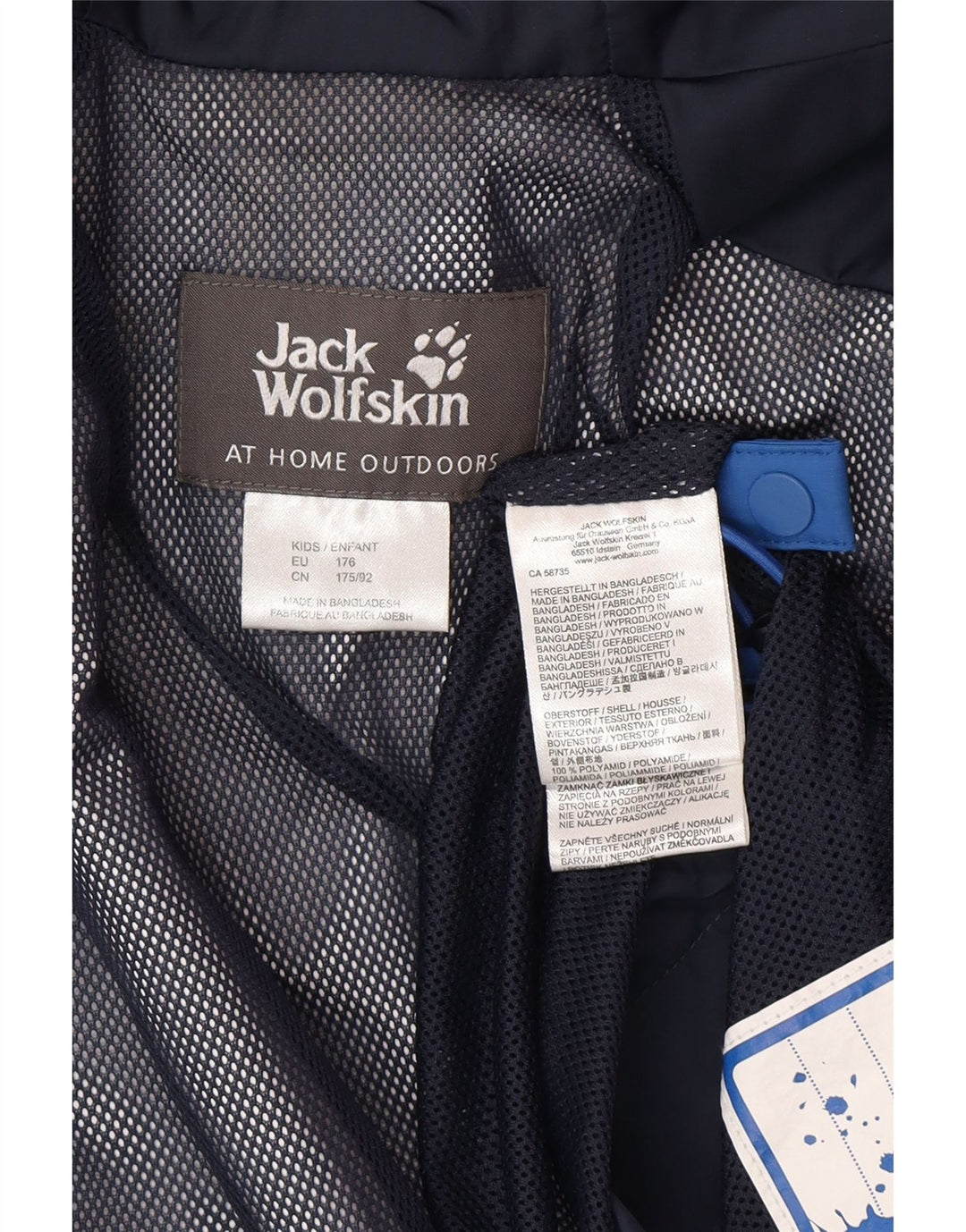 Chłopięca kurtka przeciwdeszczowa Jack Wolfskin 15-16 lat Niebieski poliamid z blokami kolorów