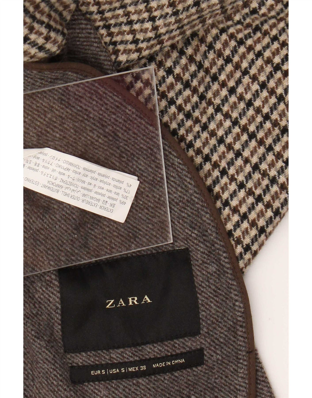 Zara Płaszcz męski UK 36 Small Brown Houndstooth Poliester