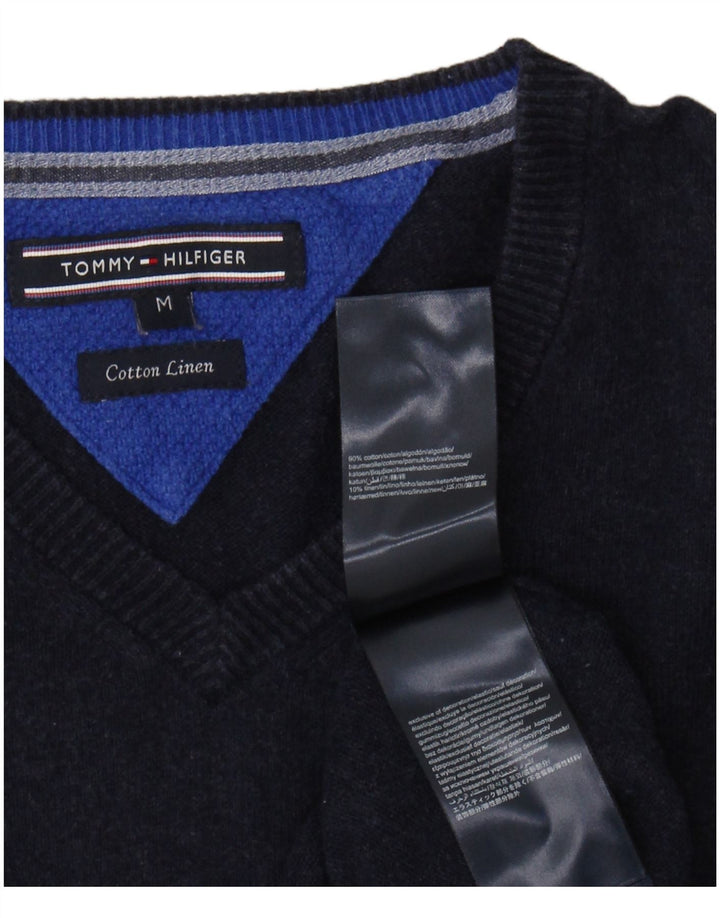 TOMMY HILFIGER Mens V-Neck Jumper Sweater Medium Navy Blue Cotton