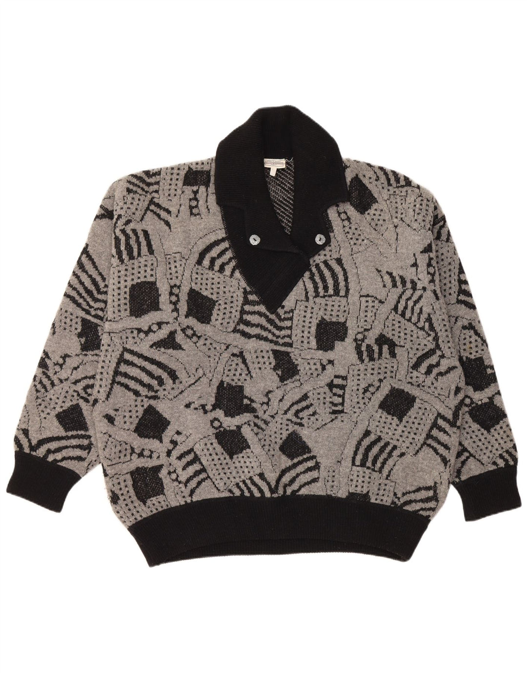 Sweter damski VINTAGE z szalowym dekoltem UK 16, duży, szary, geometryczny