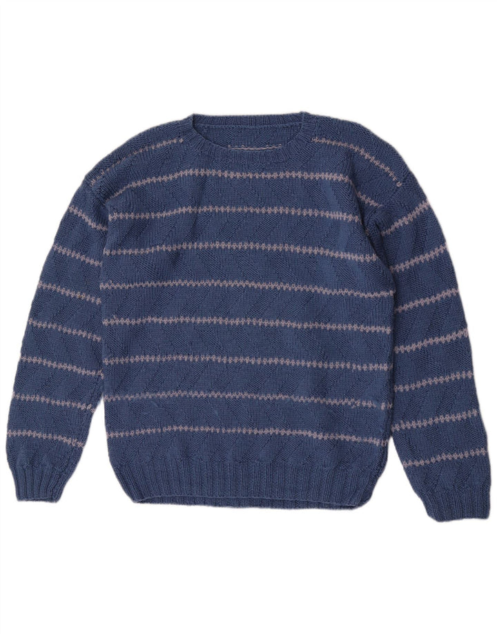 Męski sweter w stylu vintage o regularnym kroju z okrągłym dekoltem i średnim niebieskim paskiem