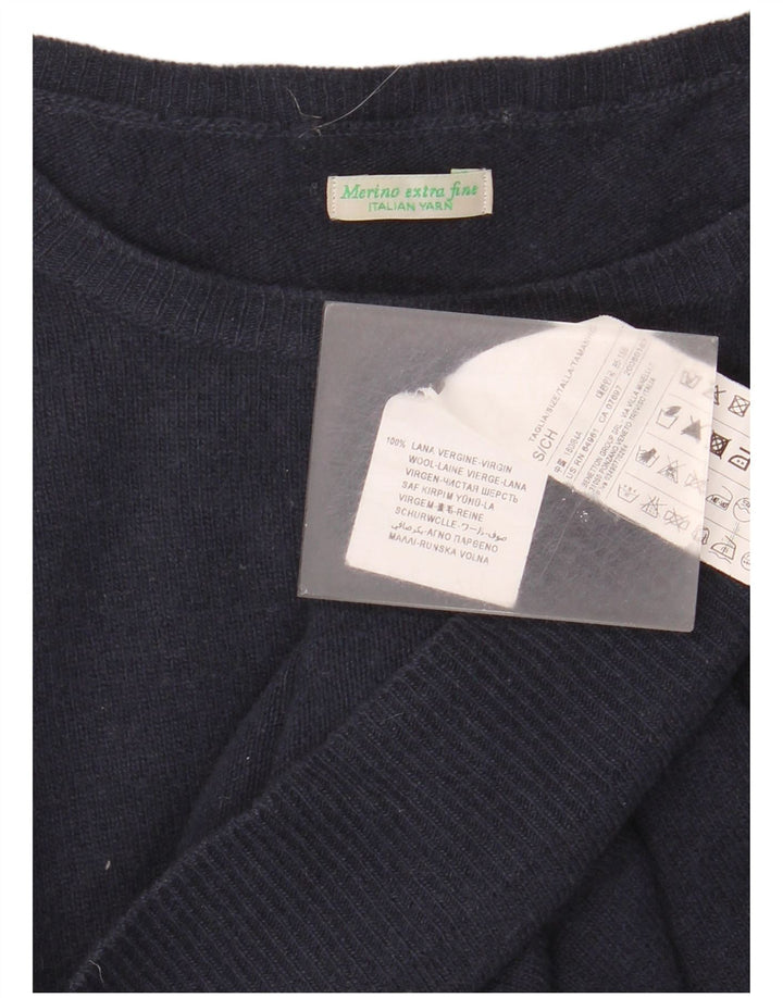 BENETTON Męski sweter z dekoltem w łódkę, mały, granatowy, z dziewiczej wełny