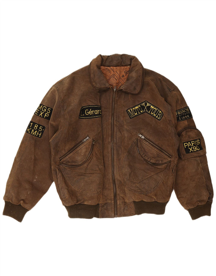 Męska kurtka lotnicza w stylu vintage z grafiką UK 38, średni brąz