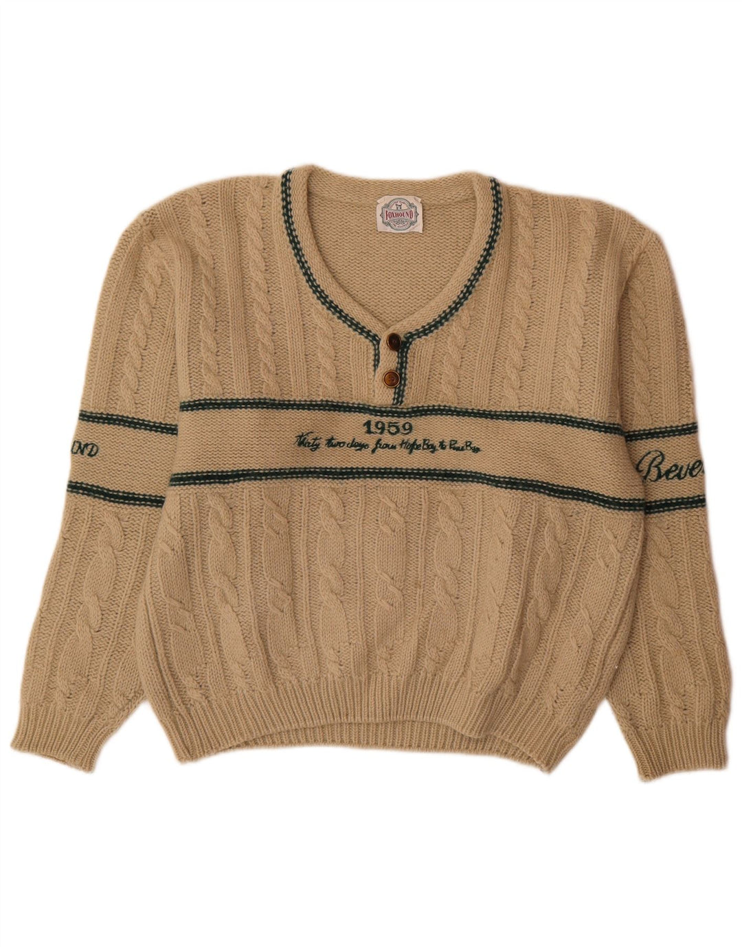 Męski sweter Foxhound z graficznym dekoltem w serek, duży, beżowy, wełniany w paski