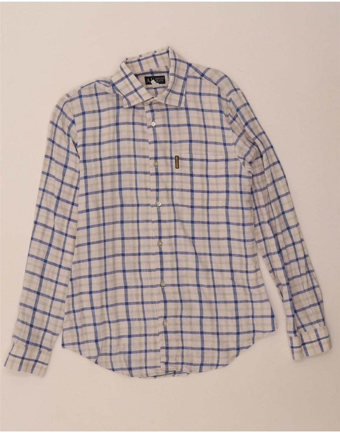 ARMANI JEANS Koszula męska, lniana w średnią niebieską kratkę