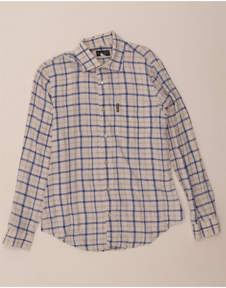 ARMANI JEANS Koszula męska, lniana w średnią niebieską kratkę