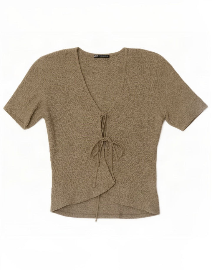 Damski krótki top Zara z krótkim rękawem, UK 8, mały, khaki, poliester