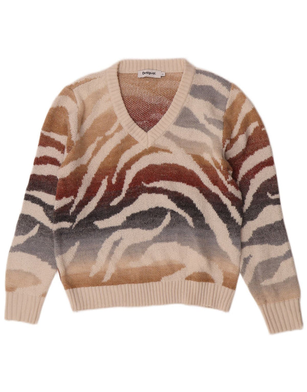 Damski sweter Desigual z dekoltem w kształcie litery V, UK 6 XS, wielobarwny nadruk zwierzęcy