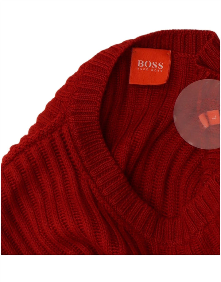 Męski sweter z okrągłym dekoltem HUGO BOSS, duży, czerwony, wełniany