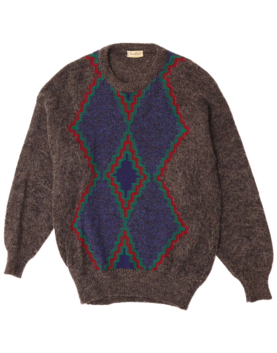Vintage męski sweter z okrągłym dekoltem, średnio szary Argyle/diament