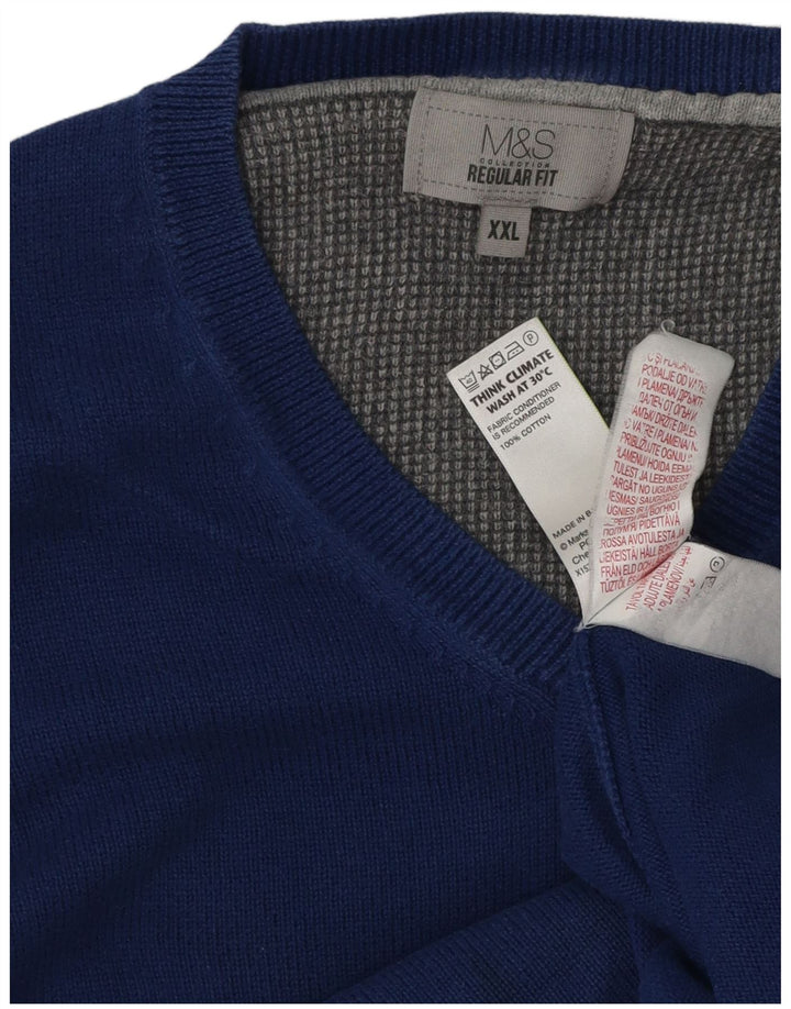 Marks & Spencer Męski sweter o regularnym kroju z dekoltem w kształcie litery V, 2XL, niebieski, bawełniany