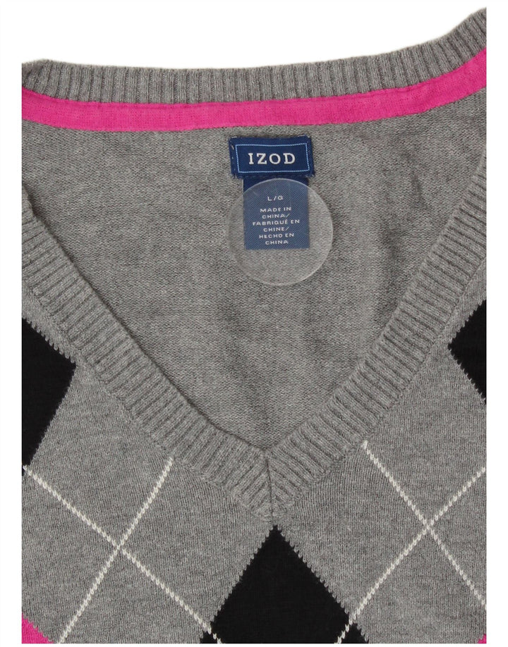 Sweter damski Izod z dekoltem w kształcie litery V, UK 14, duży, szary, argyle/diament