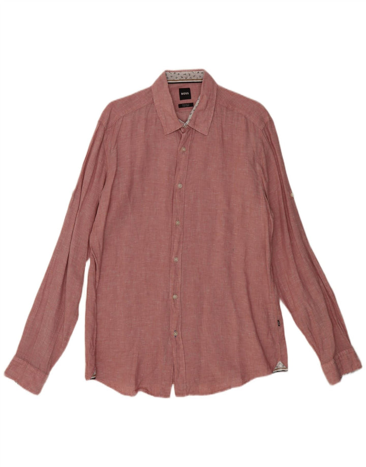 Męska koszula o regularnym kroju HUGO BOSS, duża, różowa, lniana w plamki