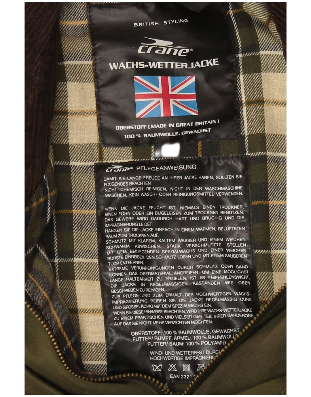 Męska kurtka z woskowanej bawełny Crane UK 38, średnia zielona bawełna