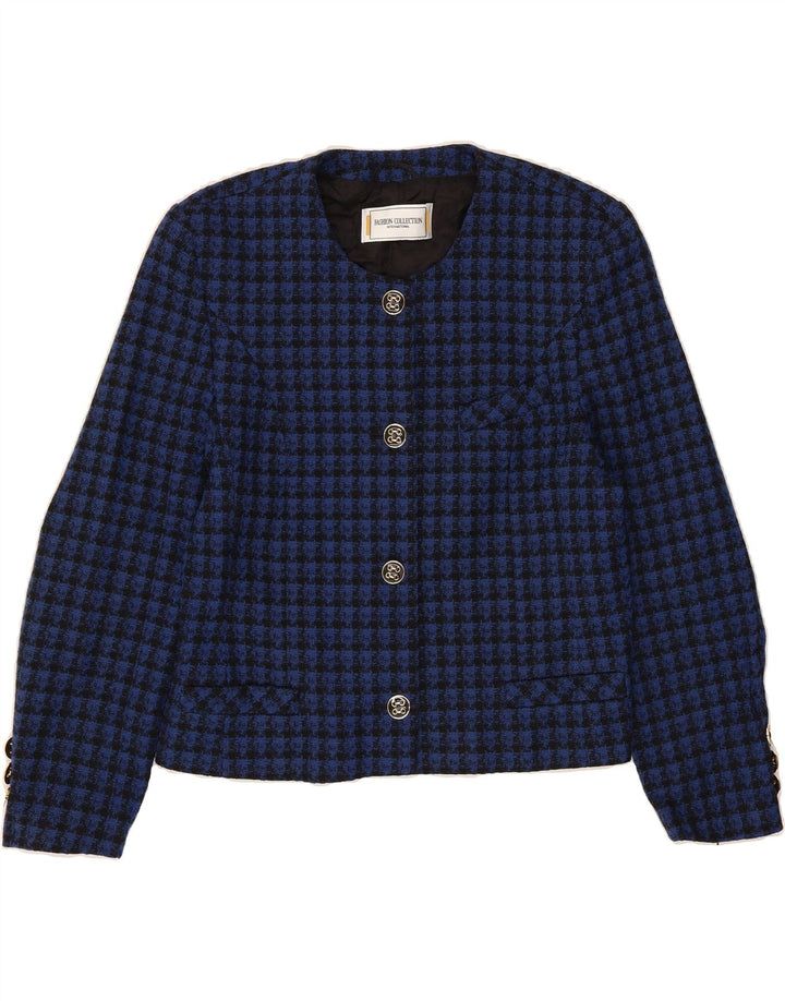 VINTAGE Womens Crop 4 Button Blazer Jacket UK 14 Medium  Blue Houndstooth Vintage Vintage and Second-Hand Vintage from Messina Hembry 