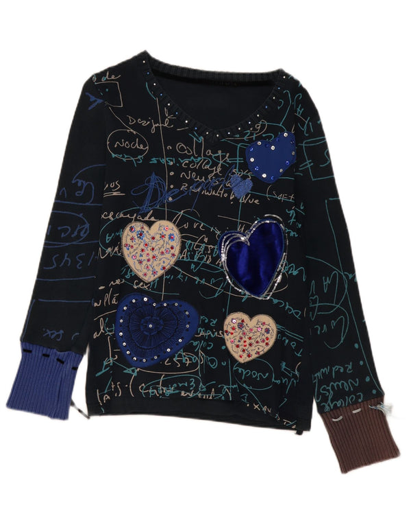Desigual damski top graficzny z długim rękawem UK 14, średni granatowy serce