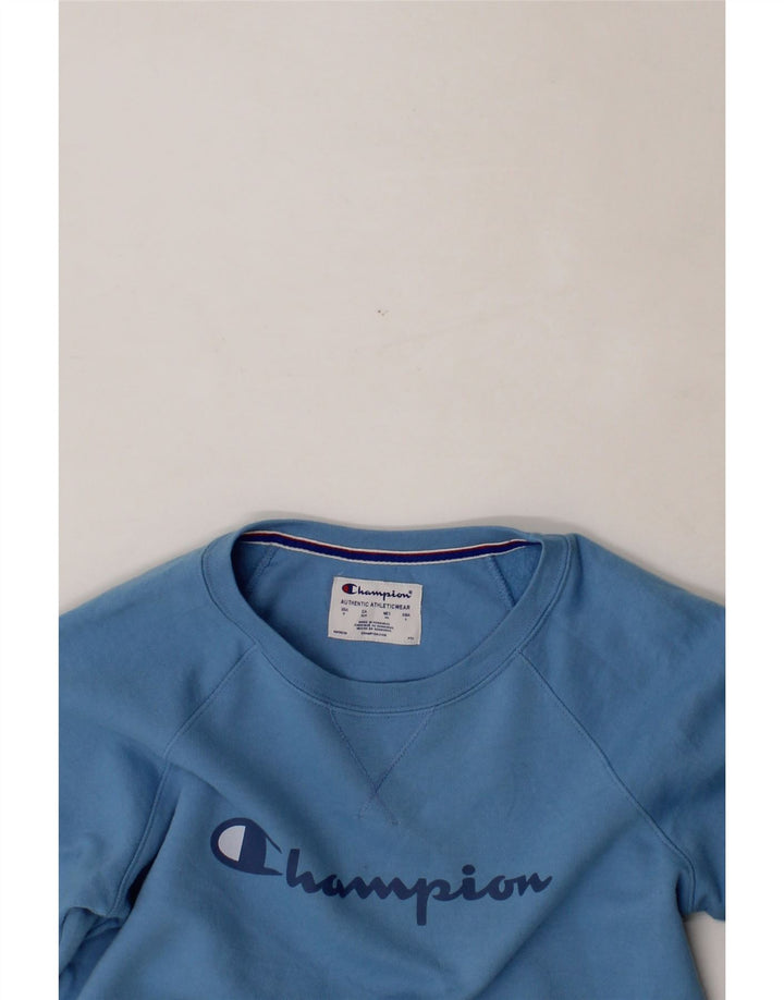 CHAMPION Womens Oversized Graphic Sweatshirt Jumper UK 10 Small Blue Vintage Champion and Second-Hand Champion from Messina Hembry 