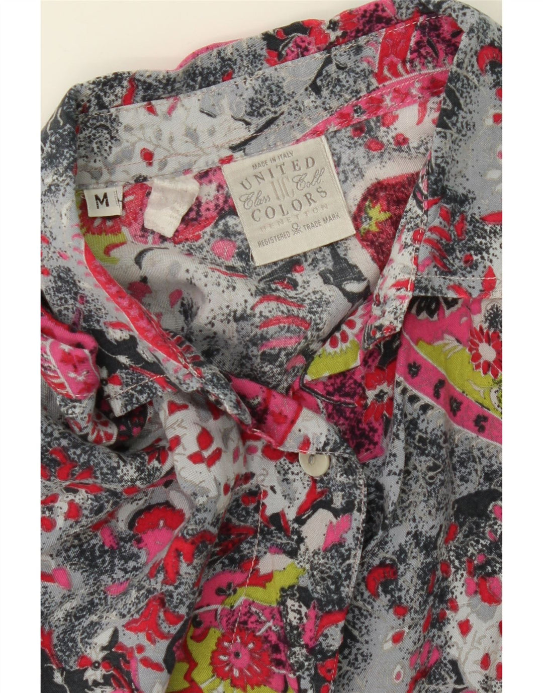 BENETTON Womens Longline Shirt UK 14 Medium Grey Paisley Viscose Vintage Benetton and Second-Hand Benetton from Messina Hembry 
