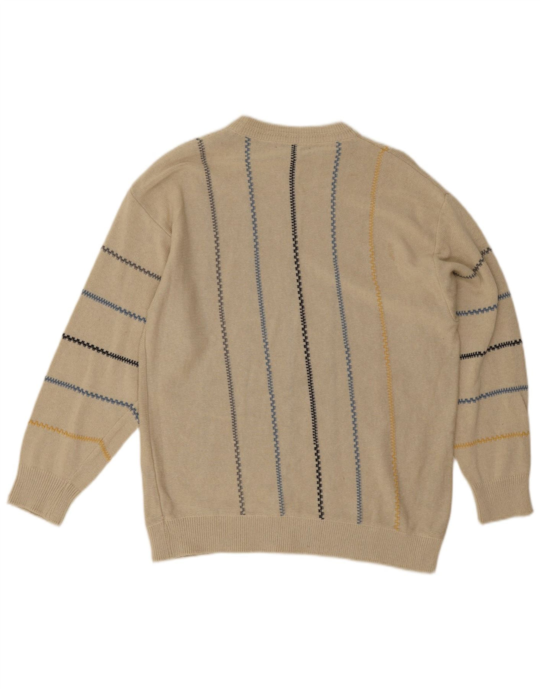 Vintage męski sweter z wycięciem pod szyją, duże beżowe paski