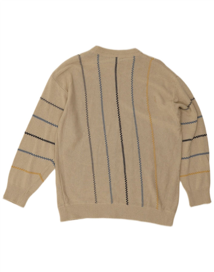 Vintage męski sweter z wycięciem pod szyją, duże beżowe paski