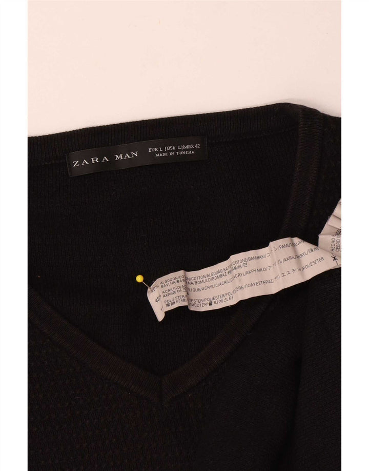 Męski sweter Zara z dekoltem w kształcie litery V, duży, czarny, bawełniany